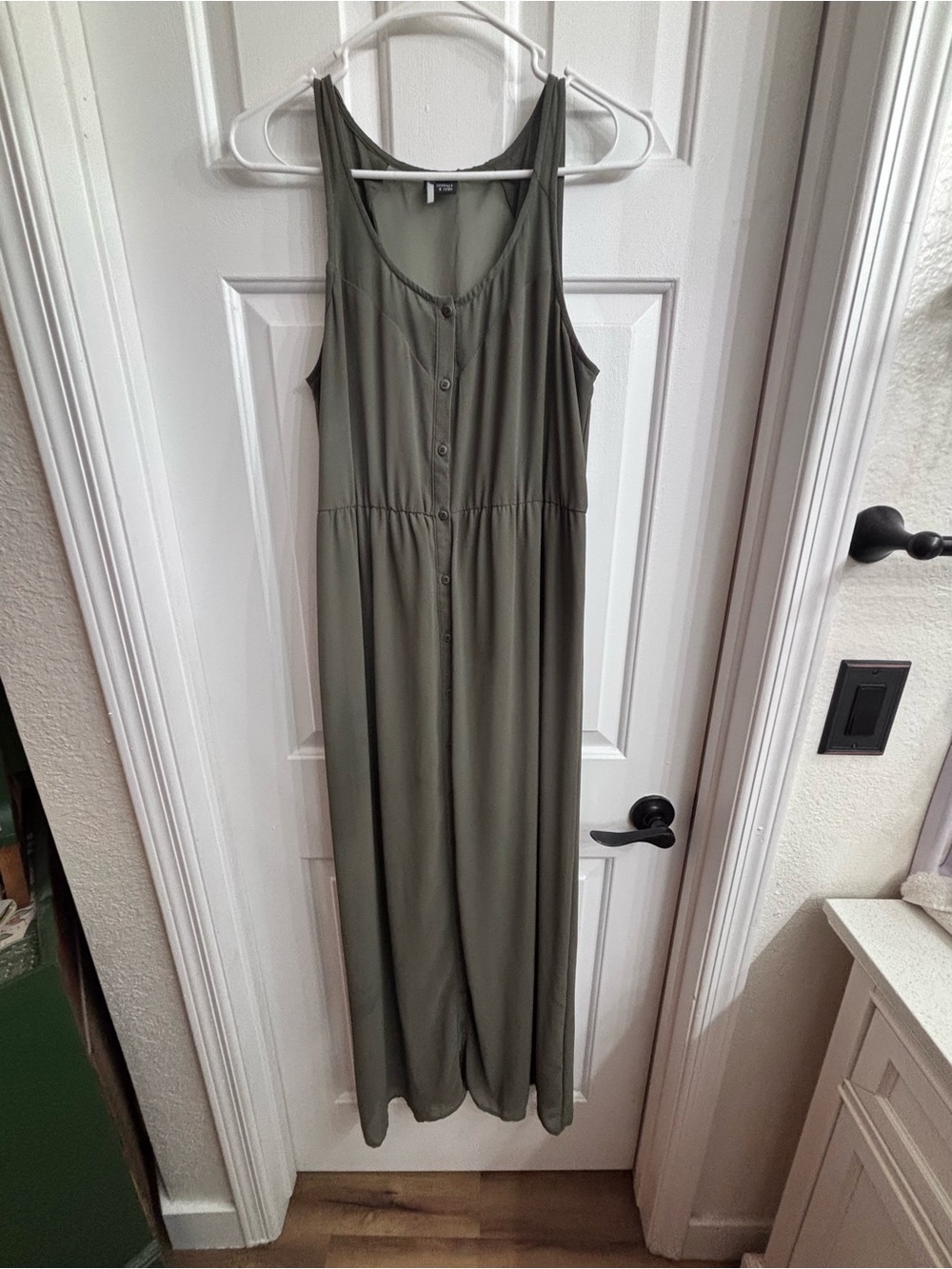 Sparkle & Fade Olive Green Button-Front Sleeveless Maxi Dress